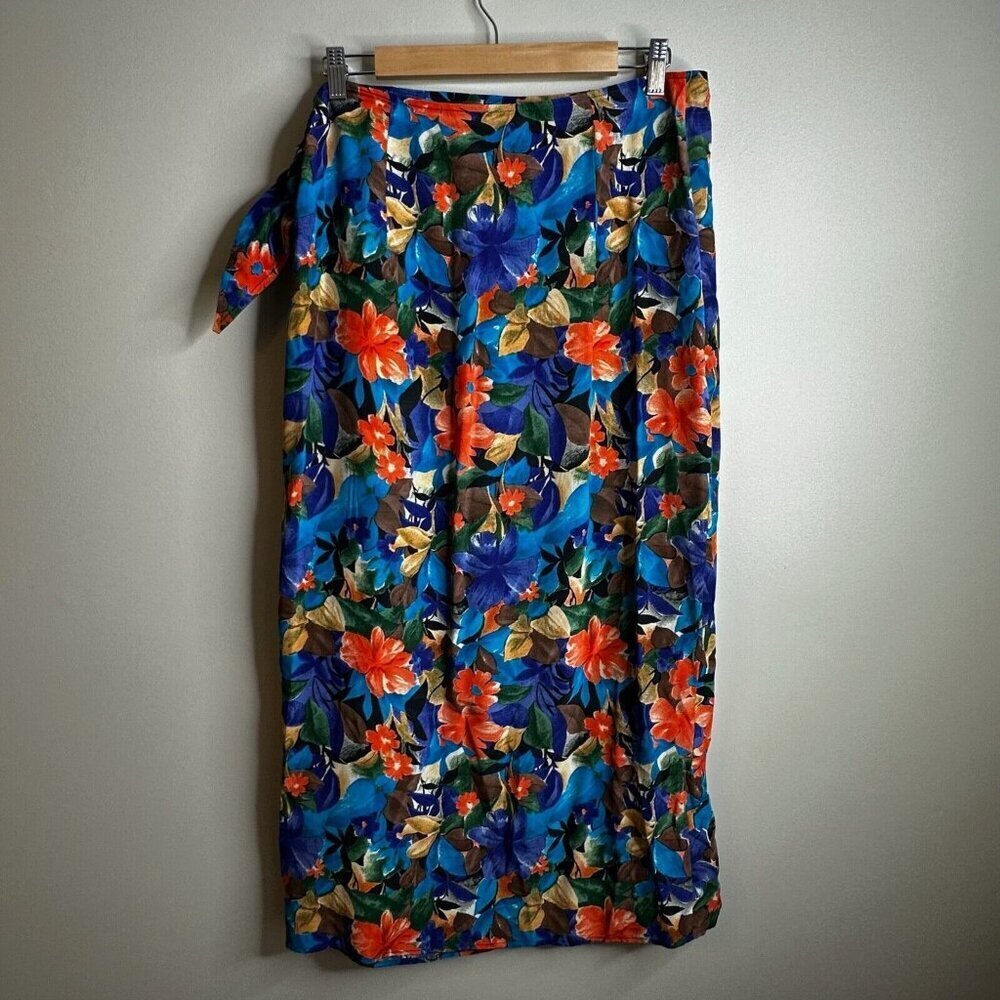 Vintage Express Skirt Womens Sz 9 Silk Blue Multicolor Floral Wrap Maxi Y2K 90s - Picture 8 of 12
